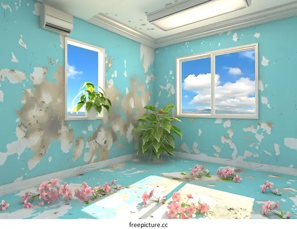 Room with peeling paint and flowers on the floor