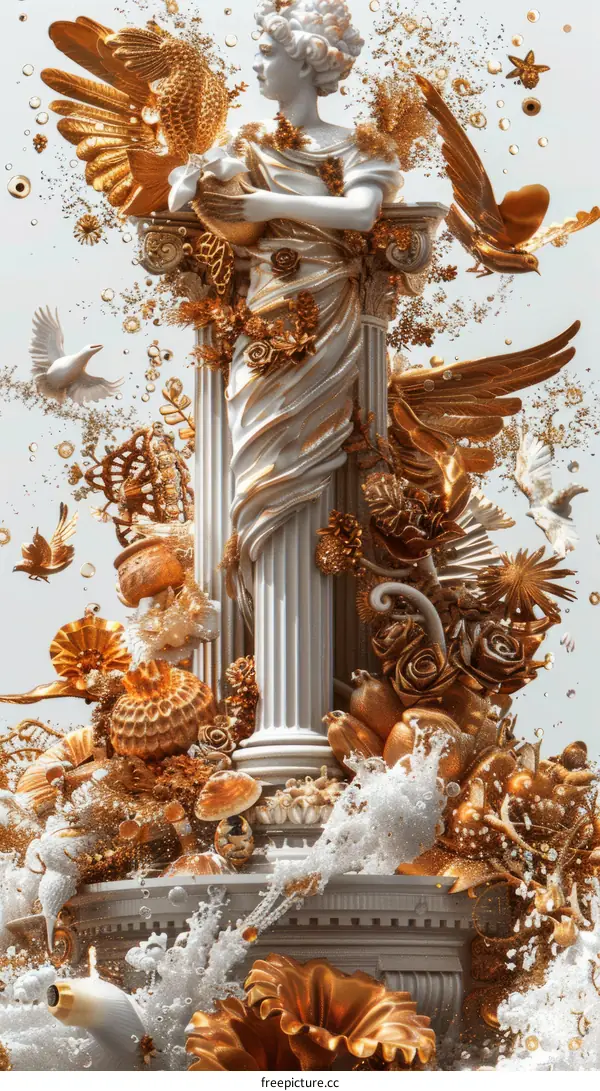 An illustration of a statue of a woman with golden wings and flowers