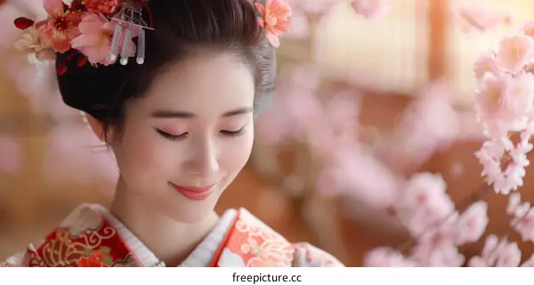 Portrait of a beautiful Japanese woman in traditional kimono with pink cherry blossoms