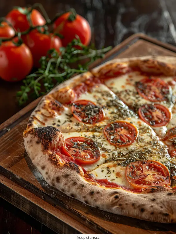 half pizza with tomatoes and oregano on a wooden board