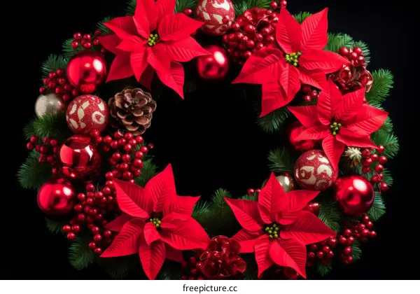 Red poinsettia wreath with ornaments