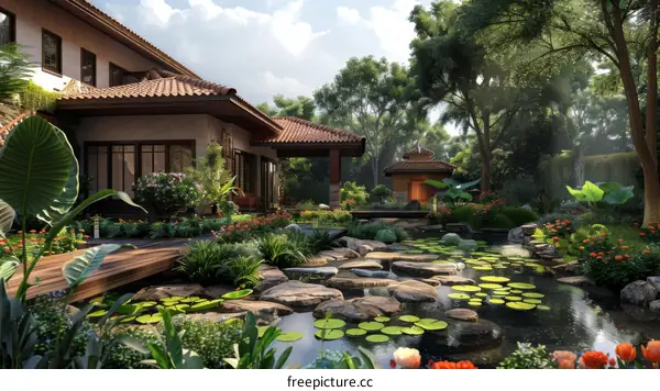 Tranquil Garden Haven with Pond, Flowers, and House
