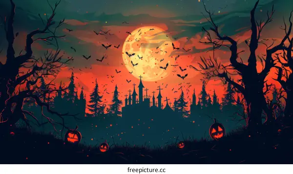 Halloween Pumpkin Haunted House Bats Full Moon Night