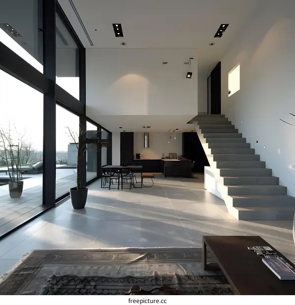 Modern Minimalist House Interior Design With Concrete Staircase And Large Windows