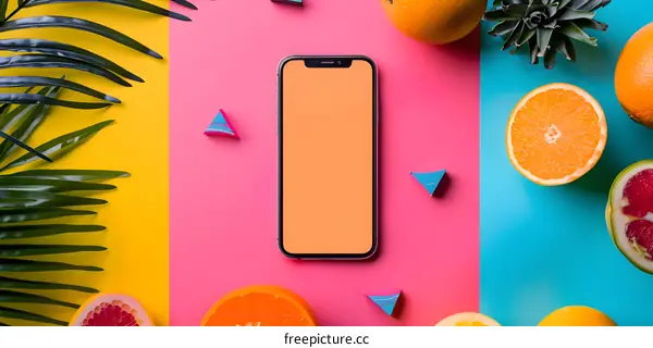 Tropical Summer Mockup with Phone and Fruits
