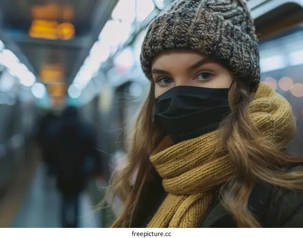 Portrait of a young woman wearing a mask on a subway platform