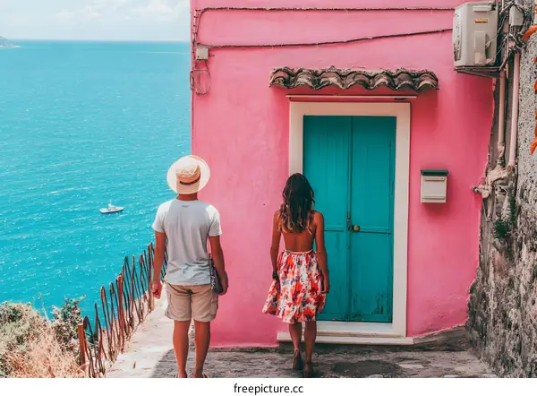 Couple Looking at Ocean View from Pink House Doorway