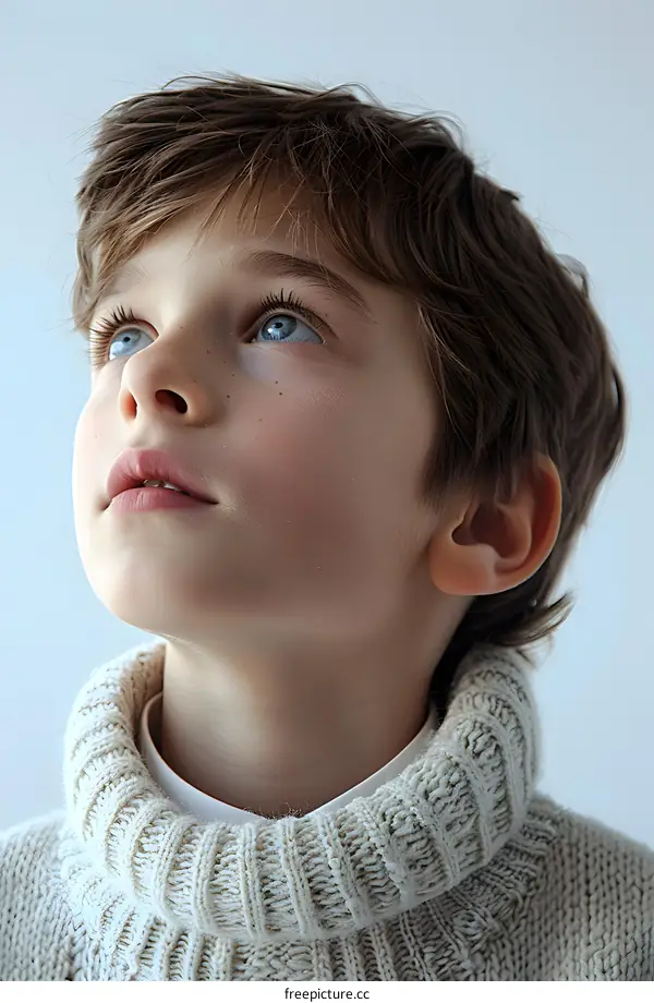 Portrait of a Young Boy with Blue Eyes Looking Up