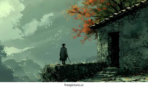 man in black coat standing on the edge of a cliff looking at a ruined house