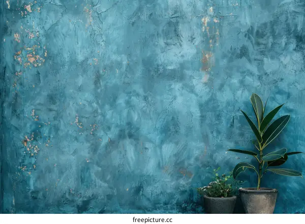 Blue grunge concrete wall with potted plants