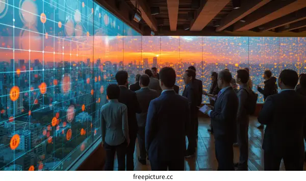 Group of business people looking at a digital cityscape