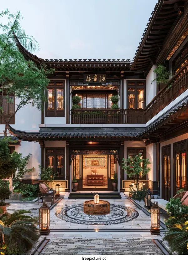 Elegant Chinese Courtyard House at Dusk