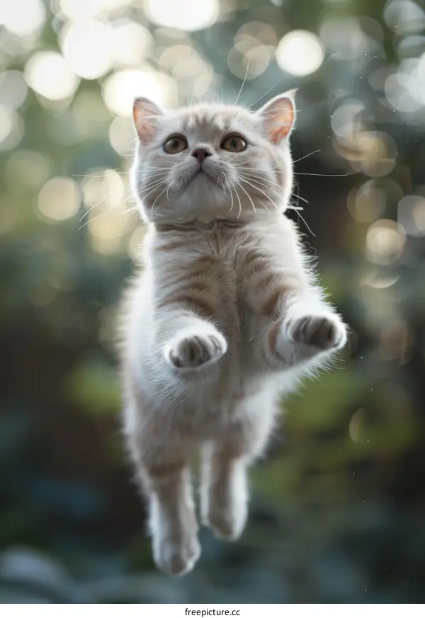 A ginger kitten is jumping in the air in front of a blurry background of green leaves.
