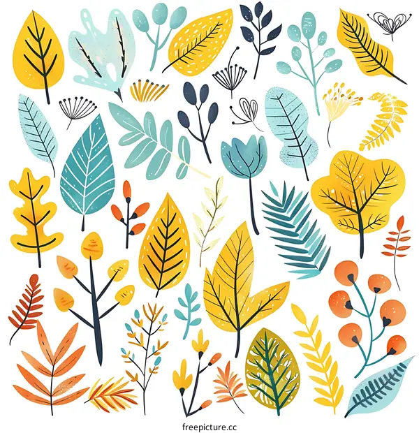 Collection of Colorful Autumn Leaves and Branches