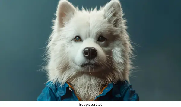 A white fluffy dog wearing a blue shirt