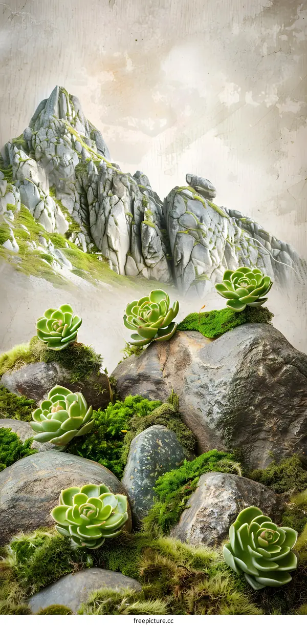 Green Succulents on Rocks with Mountain Background