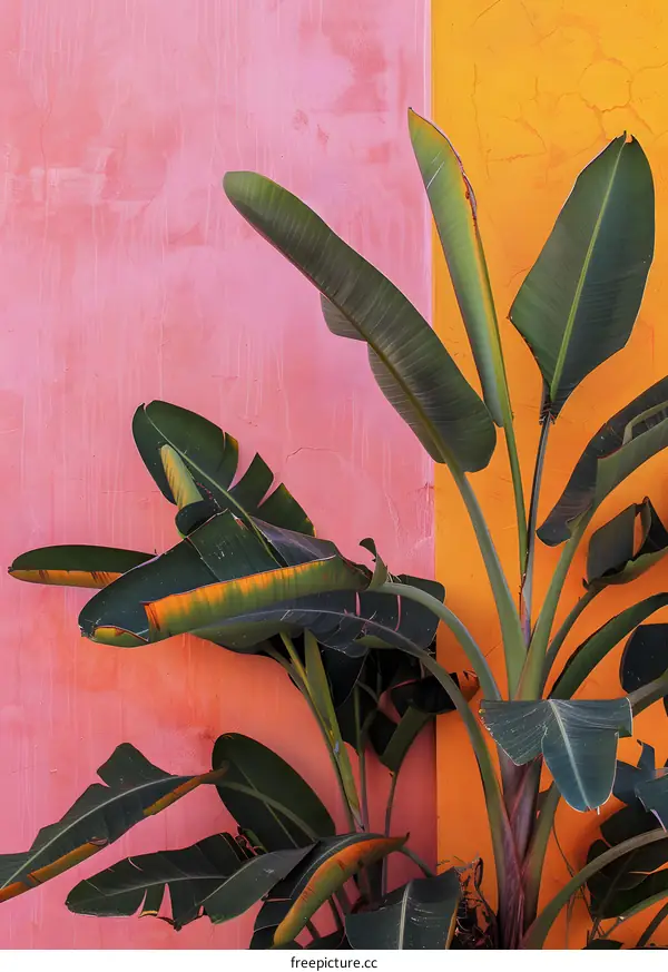 Tropical Leaves Against a Pink and Yellow Wall