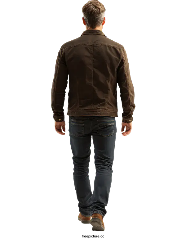 [Transparent Background PNG]Man Walking in Brown Jacket and Blue Jeans