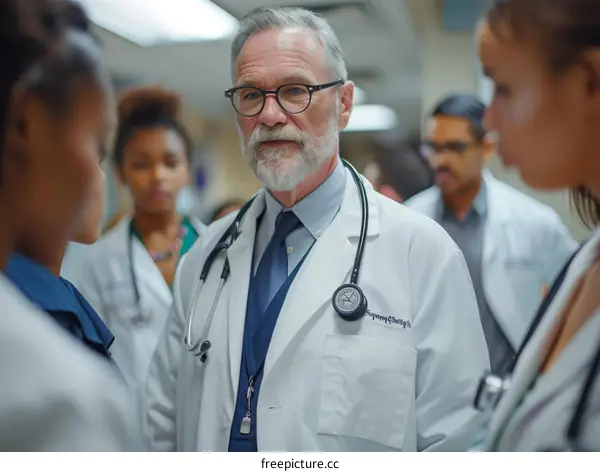 Portrait of a Senior Doctor with Colleagues in the Background