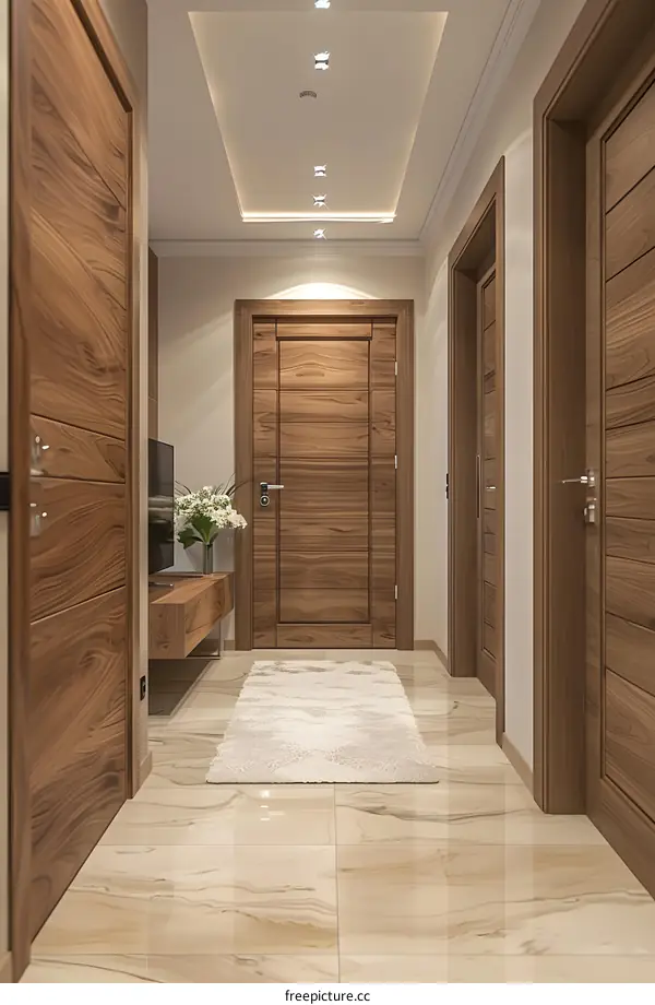 Modern hallway interior with wooden doors
