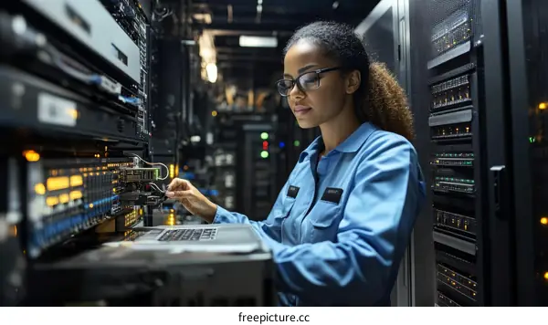 Female Technician Working in Server Room