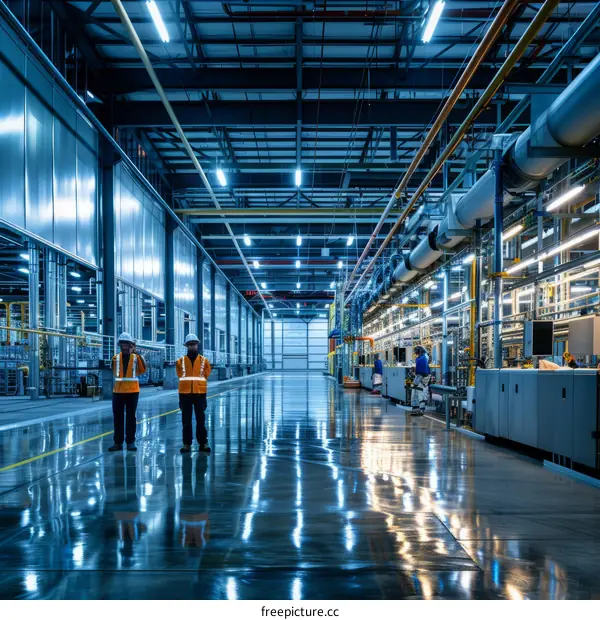 Modern factory interior with two workers in hard hats and reflective vests