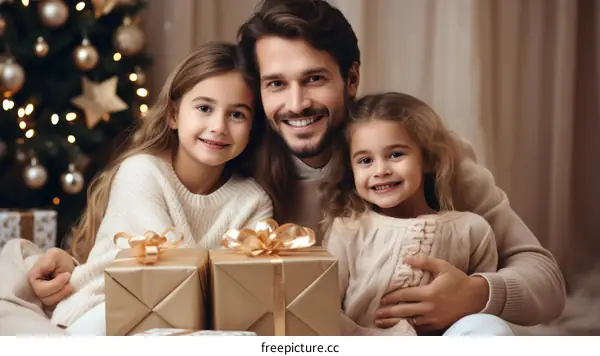 Father and two daughters with Christmas presents