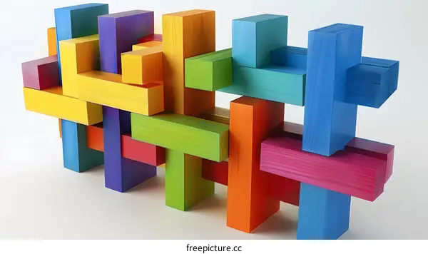 Colorful Wooden Blocks Interlocking In A Complex Pattern