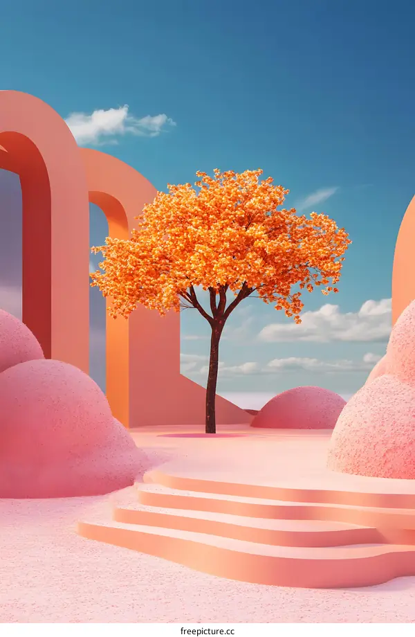 Autumn Tree in a Pink Abstract Landscape