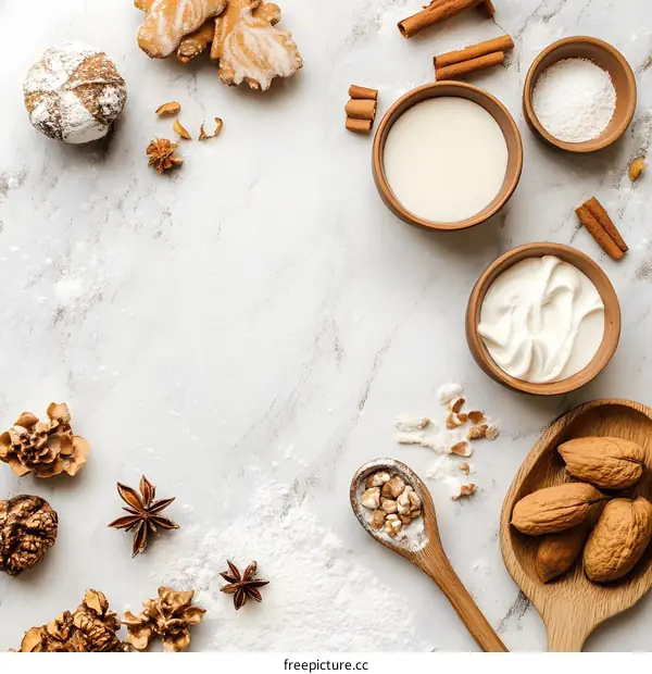 Baking Ingredients on White Marble Background