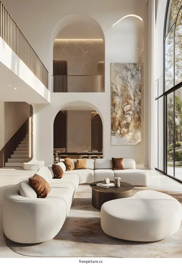 Modern Living Room Interior Design with Large Curved Sofa and Archways