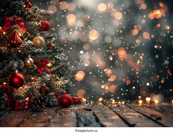 Christmas tree with red and gold ornaments and presents