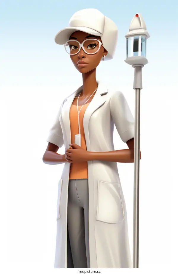 A black female doctor wearing glasses and a white coat standing with a cane