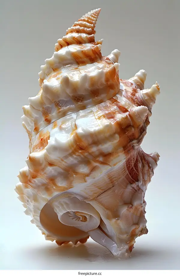 A conch shell with intricate patterns and colors