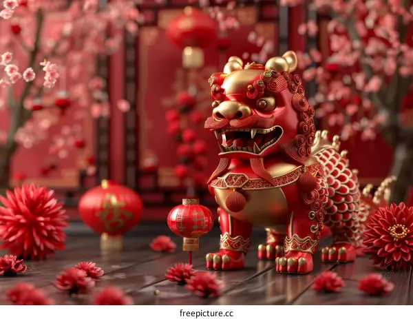 A red lion statue with red lanterns and flowers for the Chinese New Year