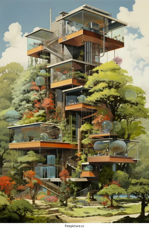 futuristic green apartment building covered in plants and glass domes