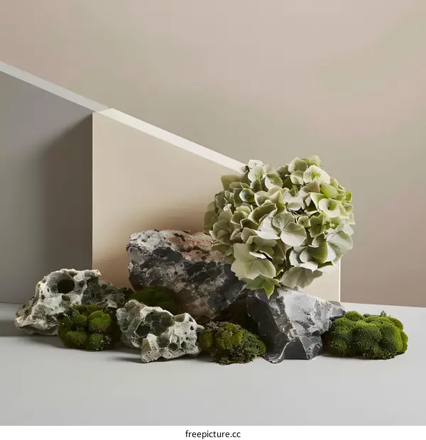 Green Floral Arrangement with Rocks and Moss on Neutral Background