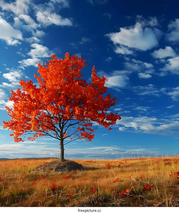 Solitary Red Tree Against a Blue Sky