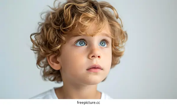 Portrait of a Young Boy with Curly Blonde Hair and Blue Eyes Looking Up