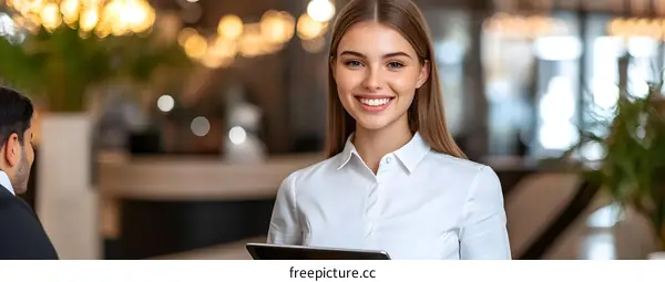 Smiling Businesswoman Holding a Tablet in a Modern Office