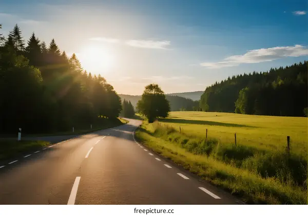 Sunlit country road surrounded by lush green fields and forests