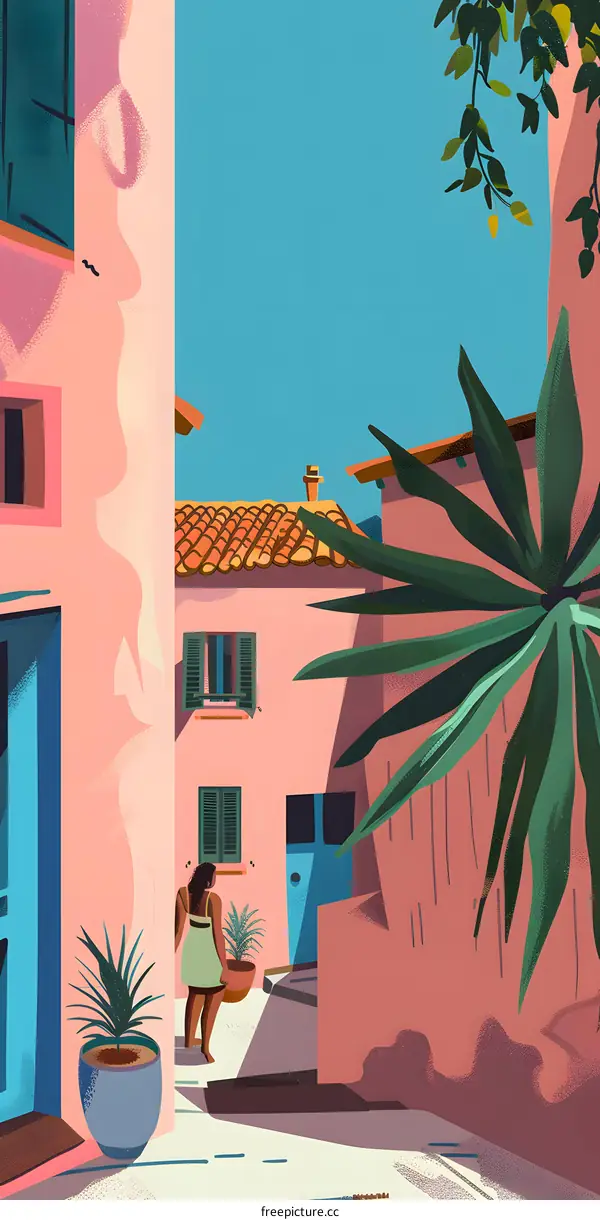 Woman Walking in Pink Building Alley with Green Plants