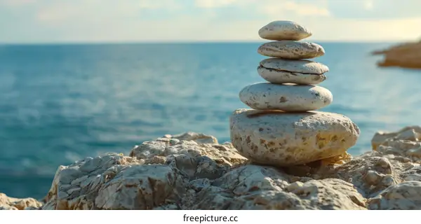 Balanced White Stones on Seashore