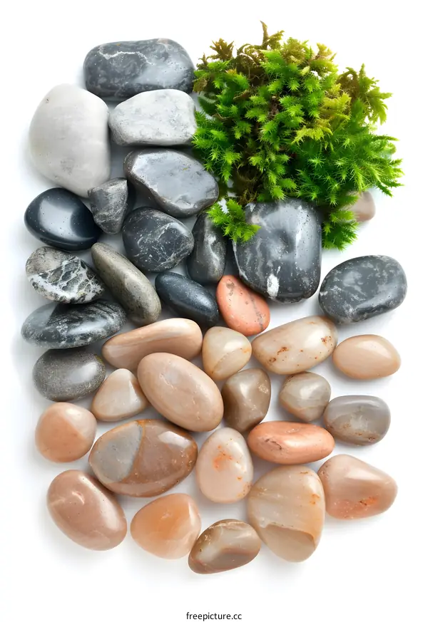 Smooth River Stones and Green Moss on White Background