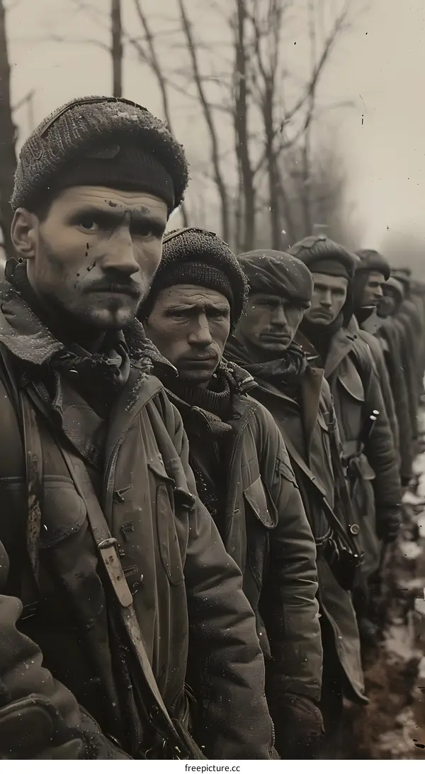 Soviet Soldiers Standing In Line During The Winter