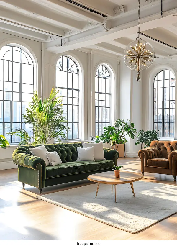 Modern Living Room Interior Design With Large Windows And Green Plants