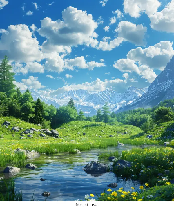 Alpine Meadow Landscape with River and Flowers