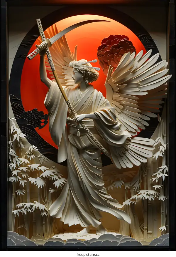 Angel with Katana in Papercraft Forest