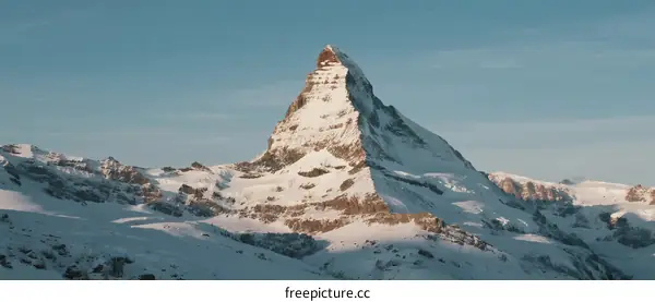 Snow-covered peak mountain in clear blue sky