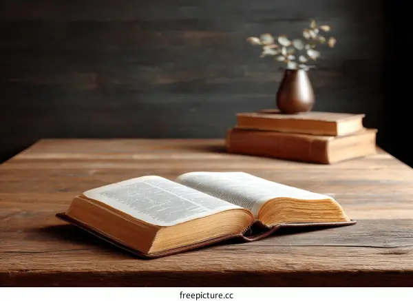 Open Book on Wooden Table with Books in Background